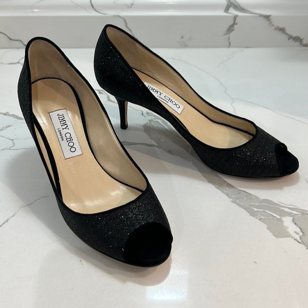 Jimmy Choo black shimmer kitten heels
